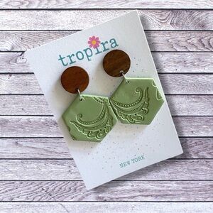 Green Hexagon Textured Wooden Dangling Polymer Clay Earrings